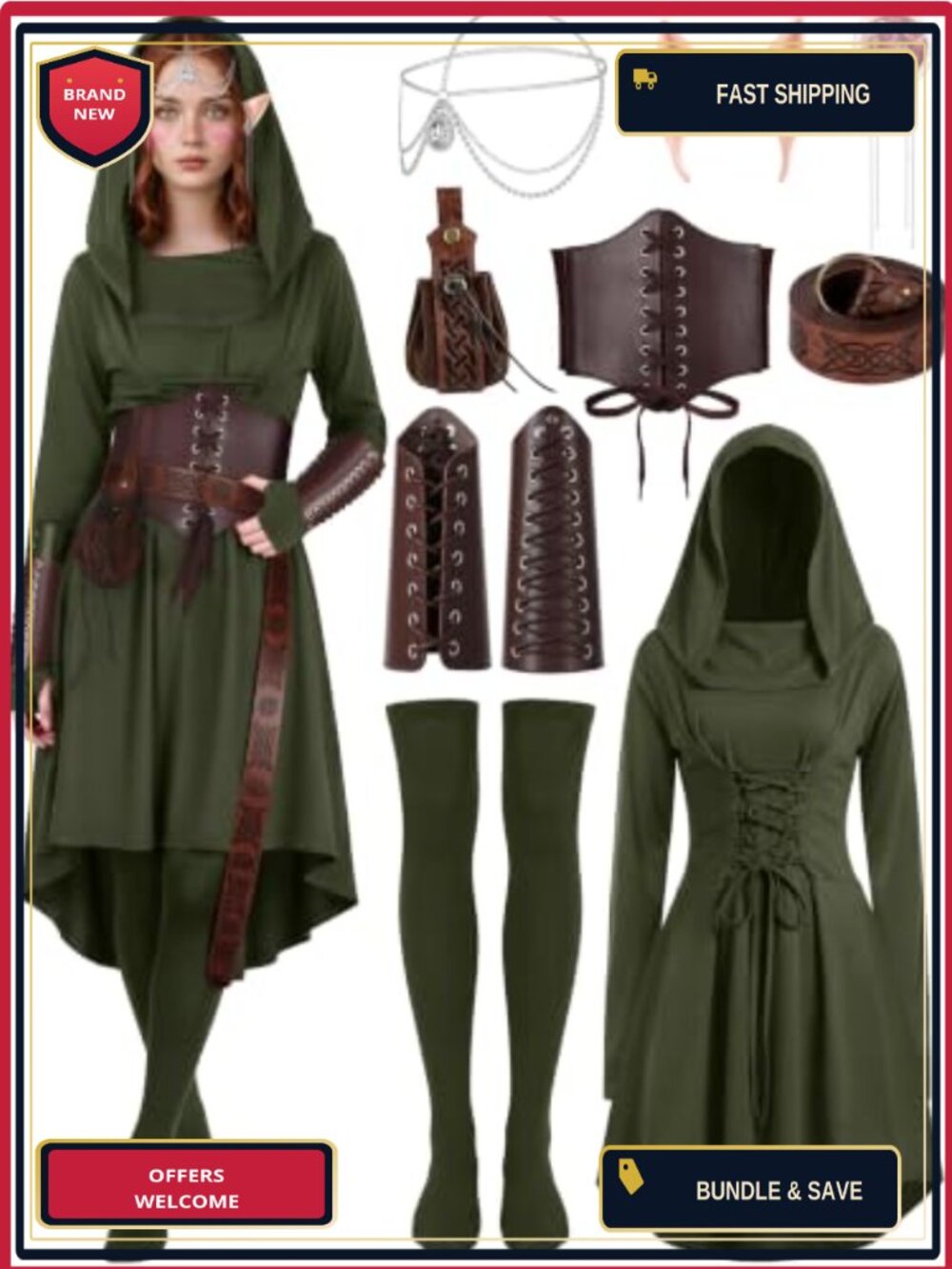 10 Pc Renaissance Fairy Elf Costume Set Hooded Dress Corset Belt